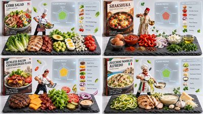 AR culinary deconstruction of four keto meals in a 2x2 grid