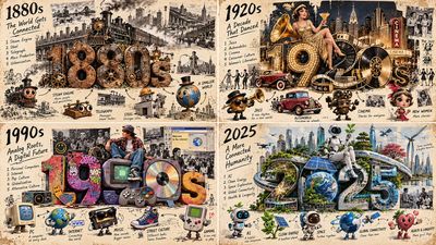 A 2x2 grid poster explores four decades with hybrid illustrated styles