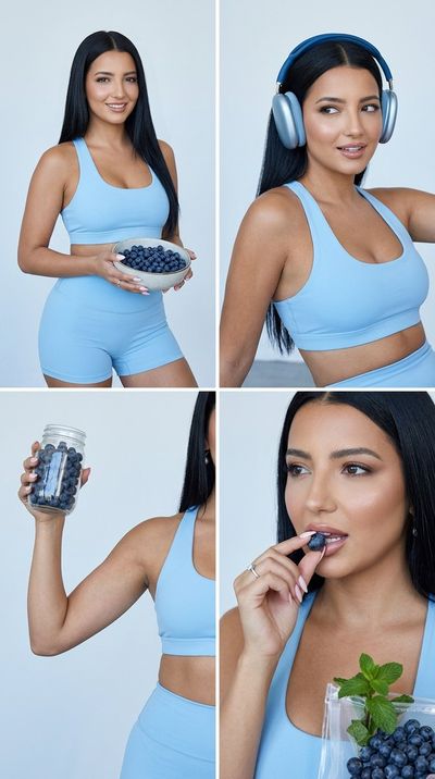 Athletic model in ice blue activewear holds blueberries in ceramic bowl