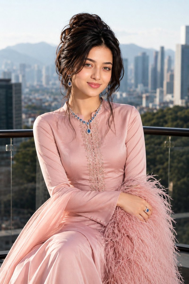 A model in a pink gown poses on a rooftop balcony