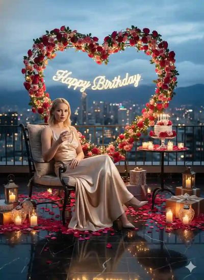 A woman in a champagne gown smiles at a romantic rooftop setup