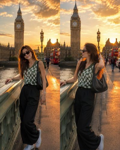 Korean woman poses on Westminster Bridge at golden hour