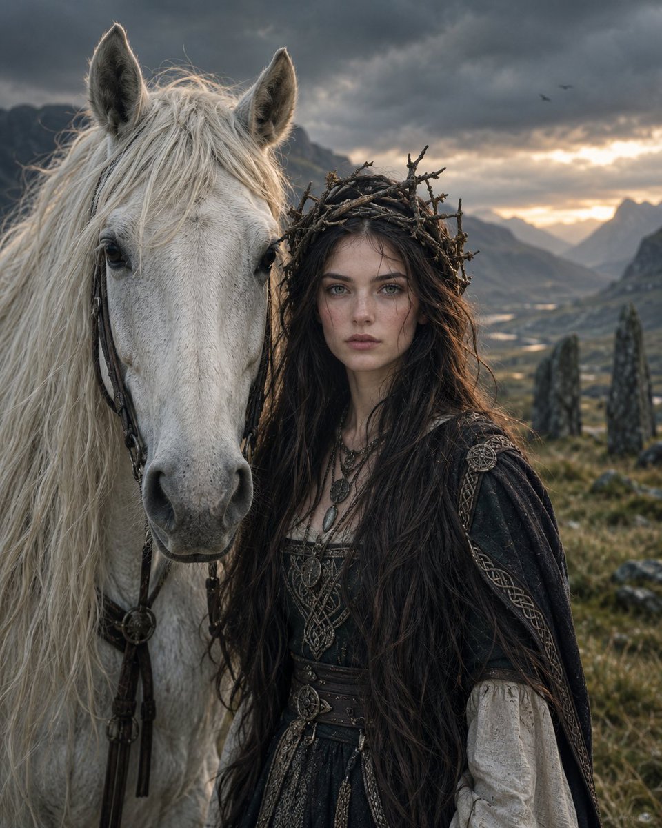 Mysterious woman stands beside white horse in ancient highland landscape
