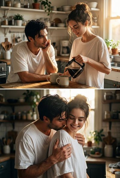 A man gently kisses his smiling partner in warm morning light
