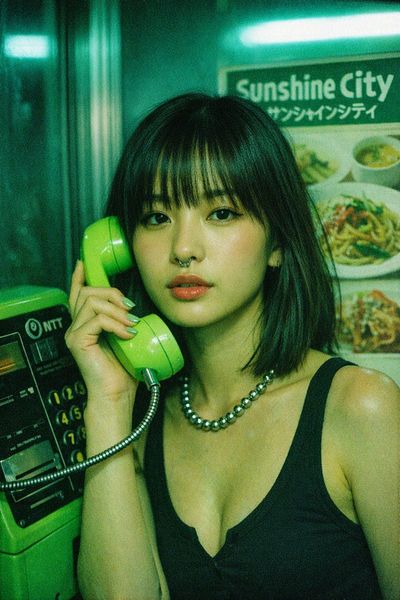 Young woman with green phone handset under teal fluorescent light