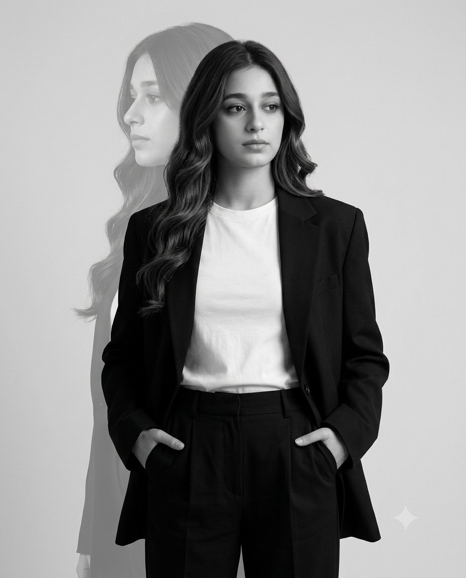 A thoughtful woman in a blazer stands in a ghosted profile portrait.