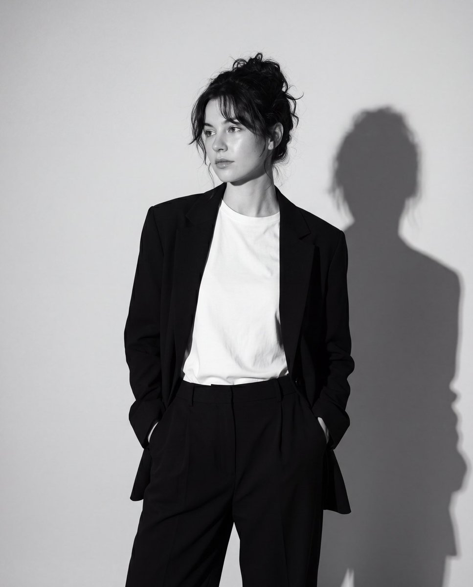 Woman in blazer stands with hands in pockets, shadow behind.