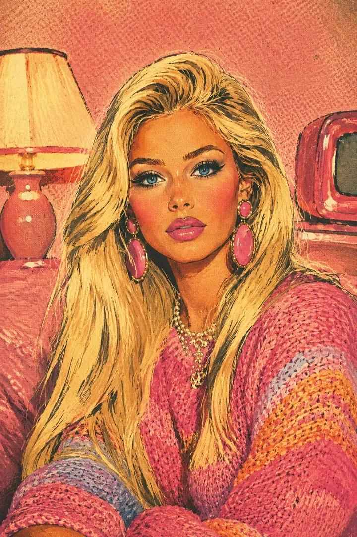 A glamorous woman poses in a retro pastel scene with vintage charm.