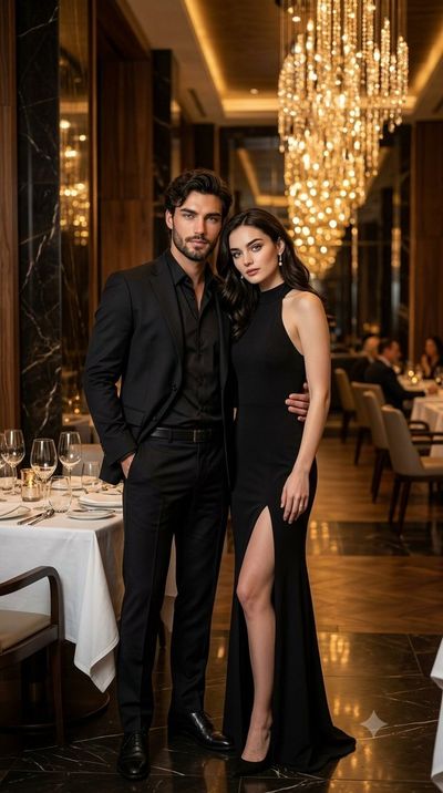 Elegant couple poses in luxurious restaurant with golden chandelier bokeh