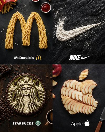 Fresh ingredients rebuild a famous brand logo in studio lighting