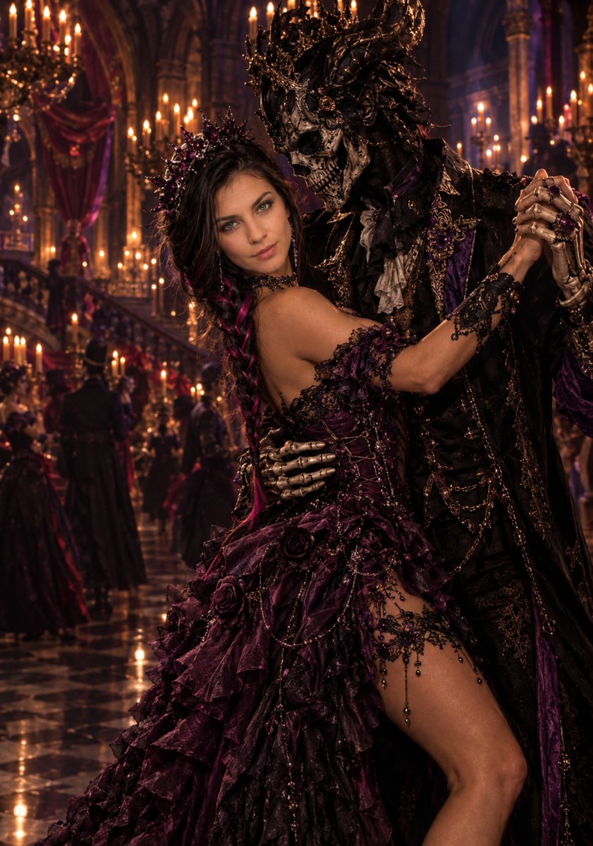 Woman in Purple Gown Dances with Skeleton in Gothic Cathedral