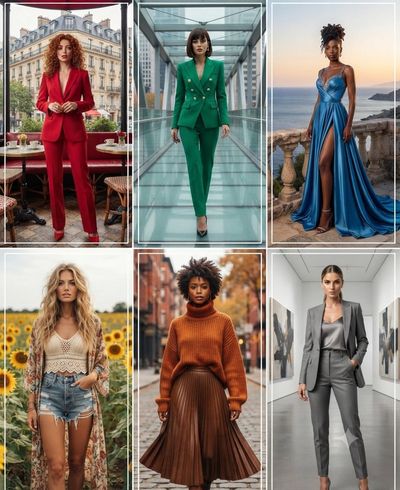 Six diverse women showcase unique fashion styles in a grid collage.