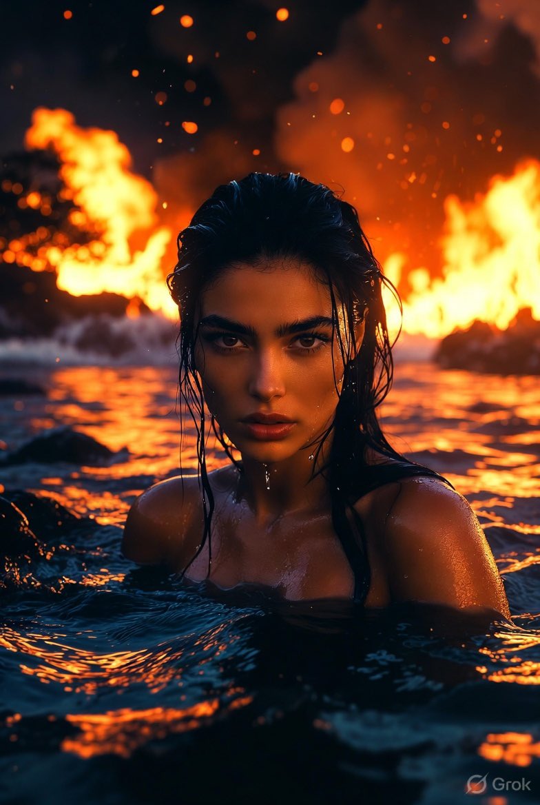 A woman with wet black hair emerges from dark water under volcanic firelight.