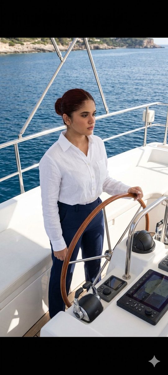Woman in white linen steers luxury yacht through Mediterranean waters