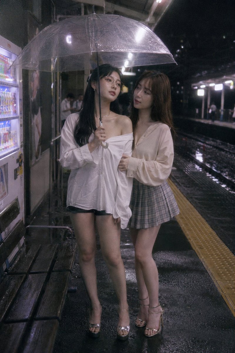 Two women share a quiet moment under a rainlit umbrella on a station platform