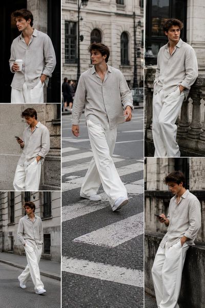 A stylish man in linen walks through a European city street.