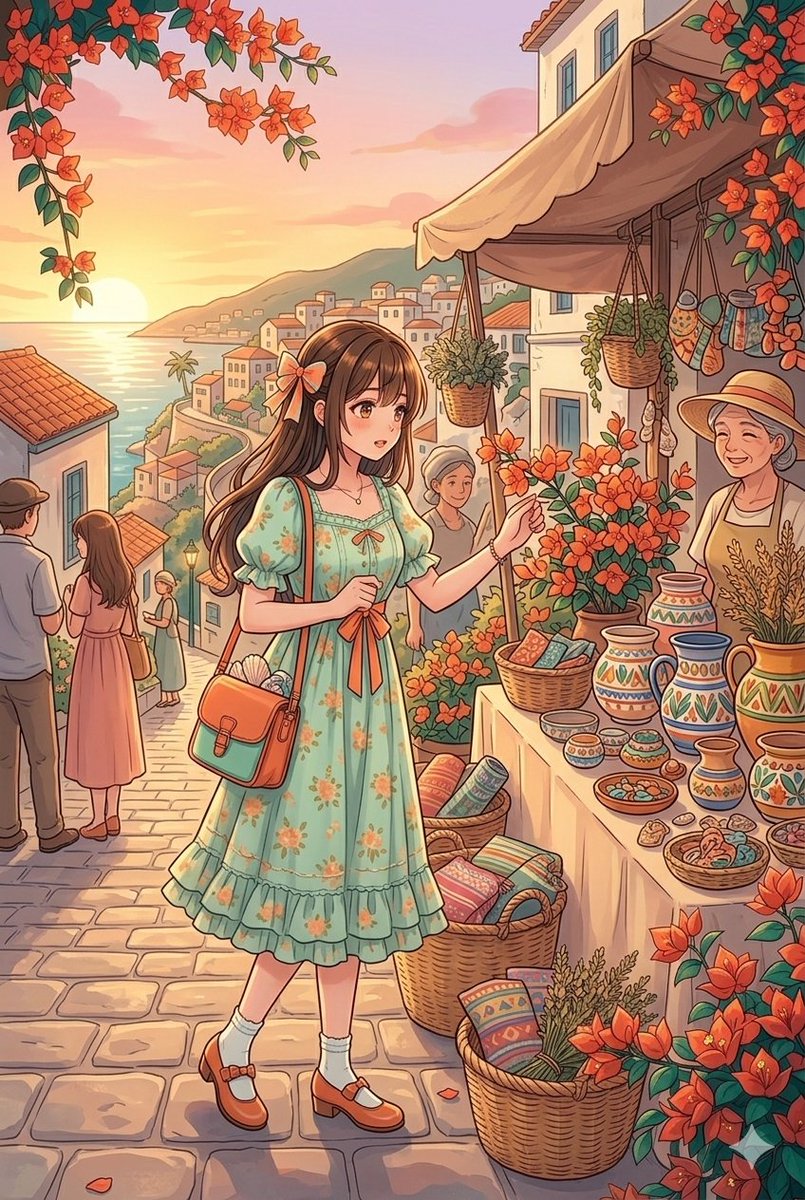 A young woman in floral dress browses a coastal market at sunset