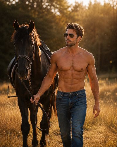 A muscular man walks a black horse through a golden meadow at sunset.