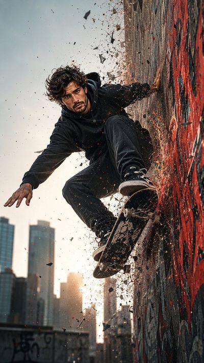 Skateboarder defies gravity on a graffiti-covered concrete wall