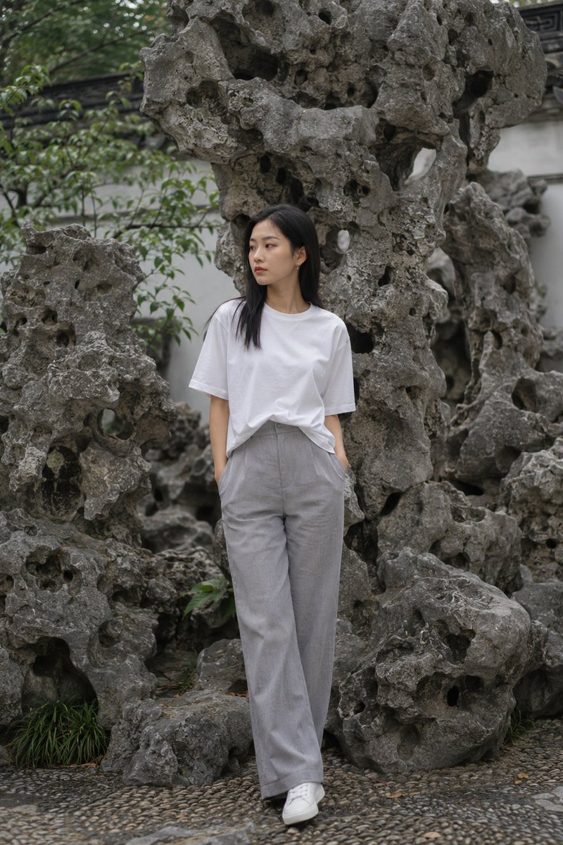 A young woman in white stands before weathered Taihu stones.