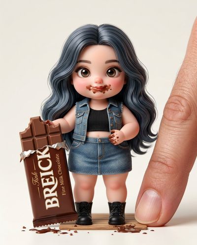 Chocolate-smeared chibi girl caught by giant finger in miniature diorama
