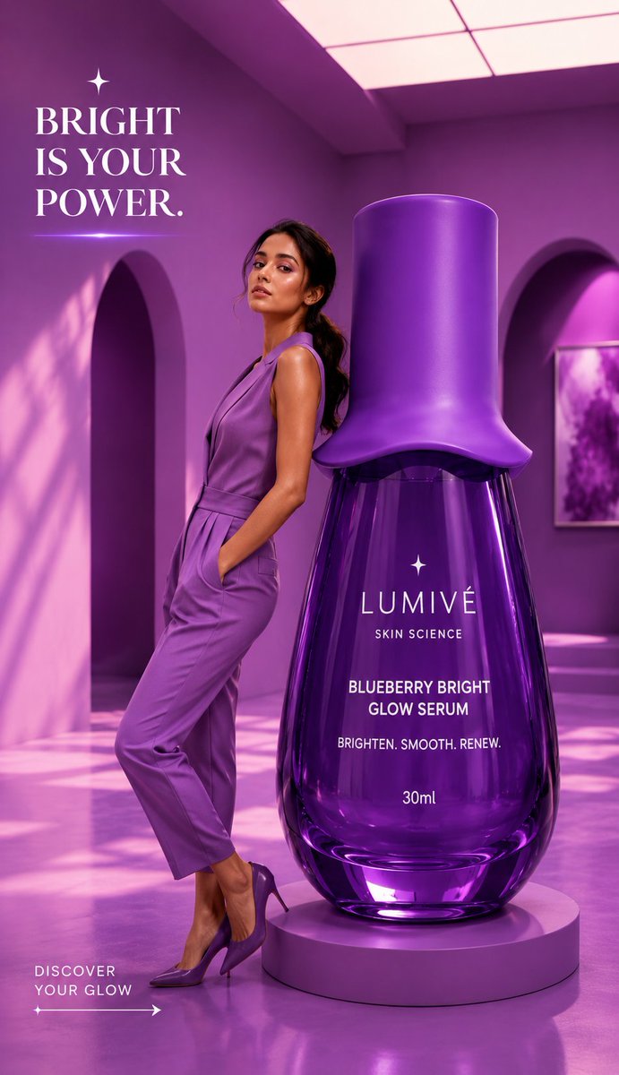 A luxury serum bottle shines beside a model in a purple studio