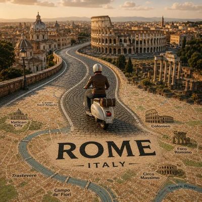A vintage map transforms into a winding road for a tiny car