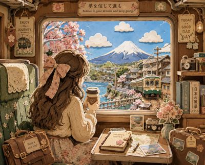 Young girl in papercraft train car views Mount Fuji scenery