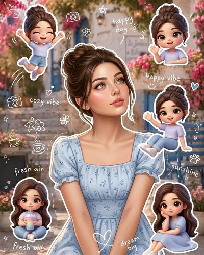A young woman surrounded by cute chibi versions of herself