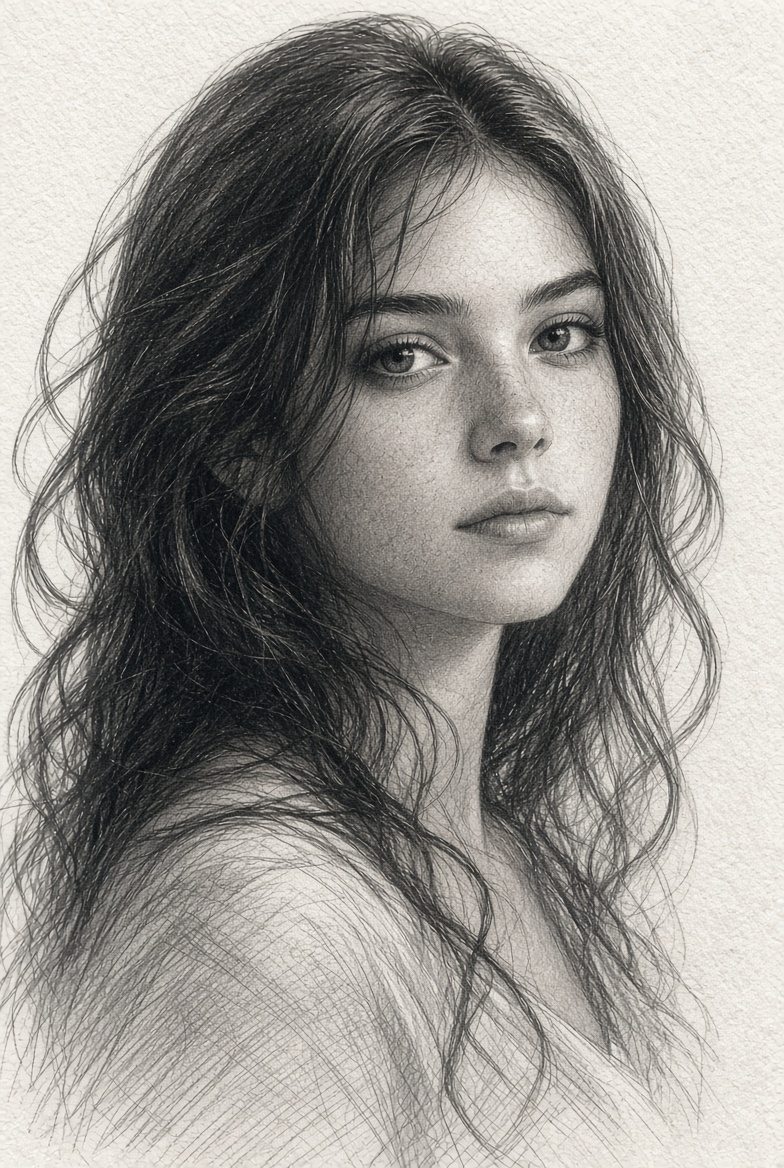 Hyper-realistic graphite sketch reveals a young woman's soulful gaze