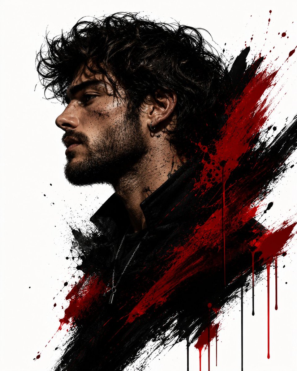 Bold crimson strokes frame a rugged man's side profile