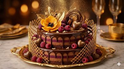 Dark chocolate mirror glaze cake glows under warm golden bokeh light