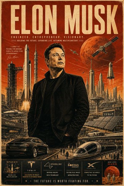 Elon Musk stands heroically before a futuristic Mars colony