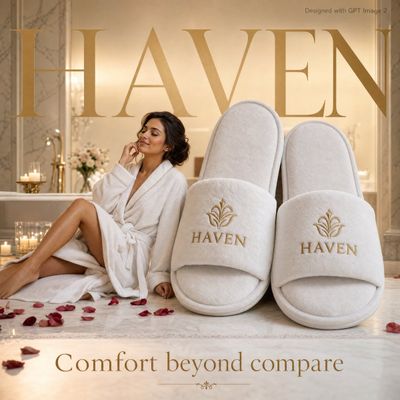 A woman in a white robe relaxes beside giant slippers