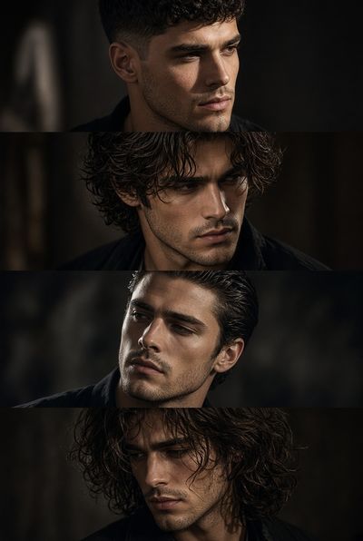 Four-panel collage shows handsome man with evolving hairstyles in moody light