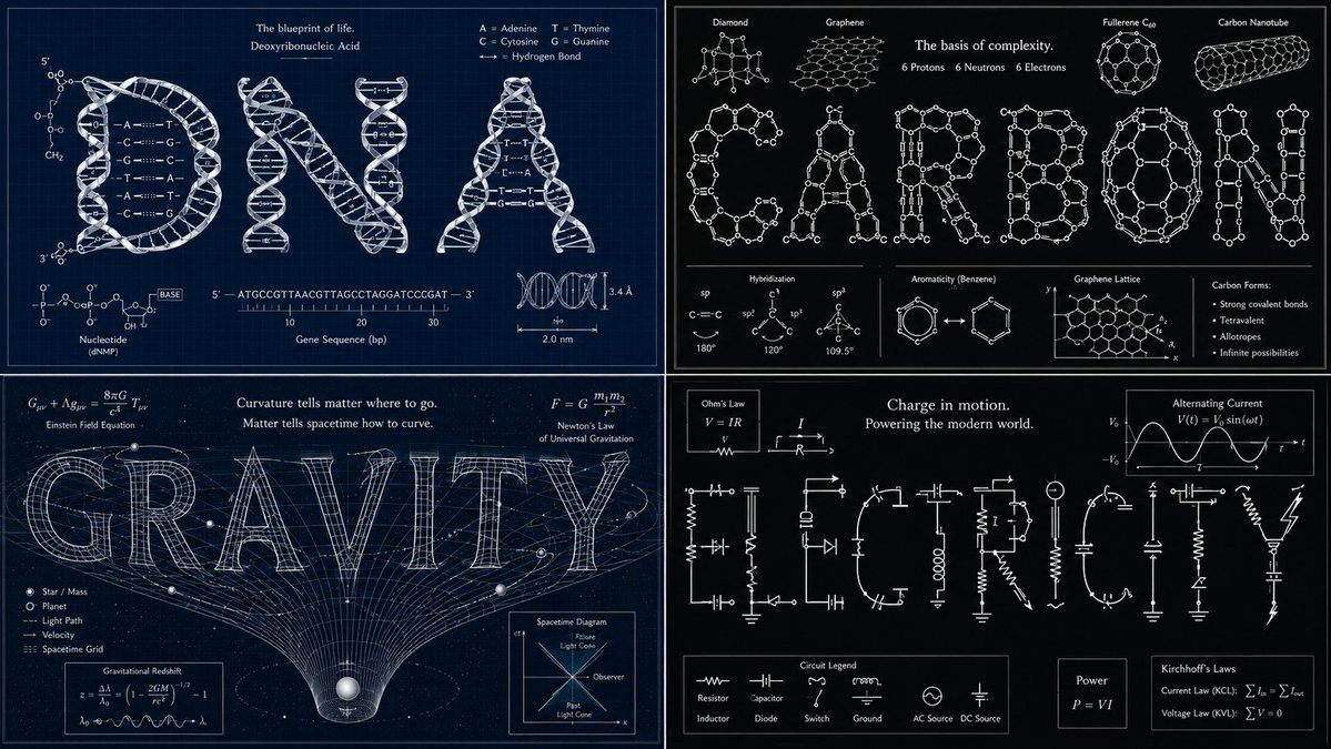 Carbon letters built from hexagonal benzene rings glow on blueprint