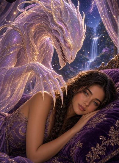Woman lies on purple velvet bed with glowing dragon spirit