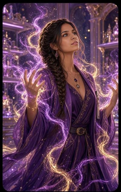 Serene Sorceress Channels Neon Purple Magic in Alchemist Workshop