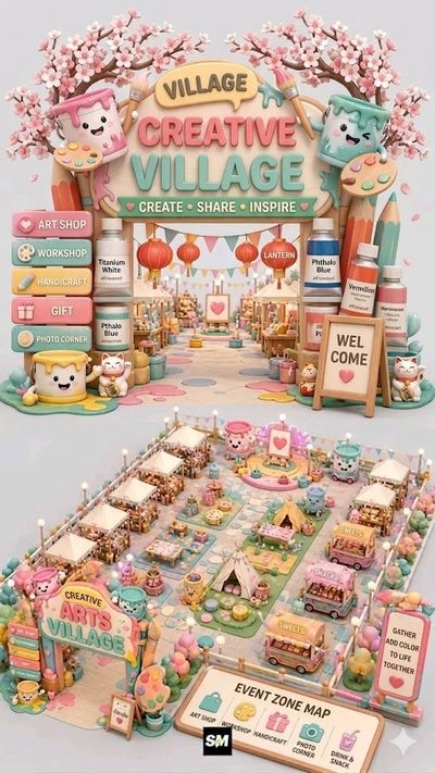 Whimsical 3D arts market entrance with cherry blossoms and lanterns