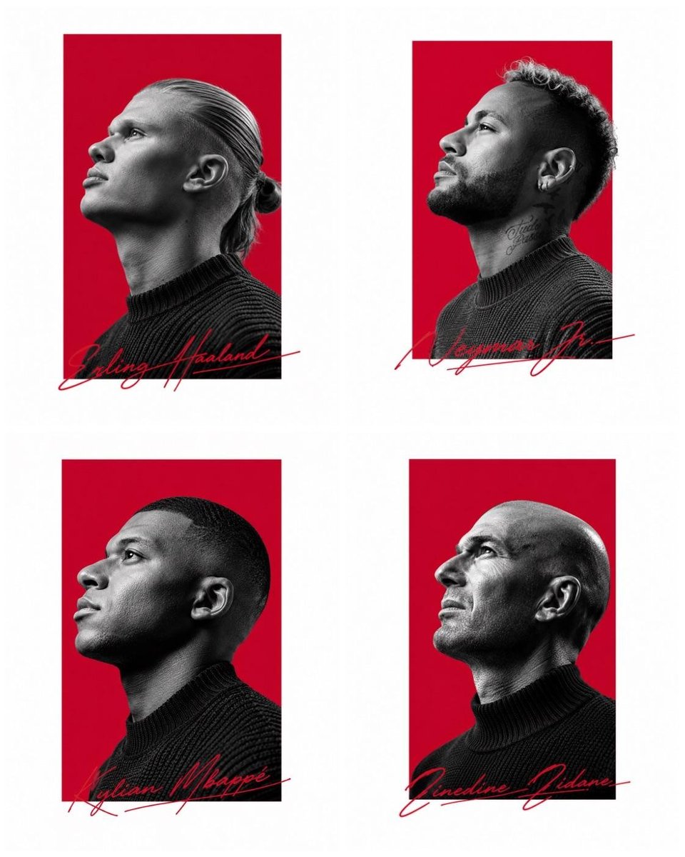 Four determined athletes gaze upward in bold red framed portraits