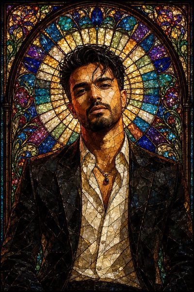 A young man in stained glass glows beneath a radiant rose window