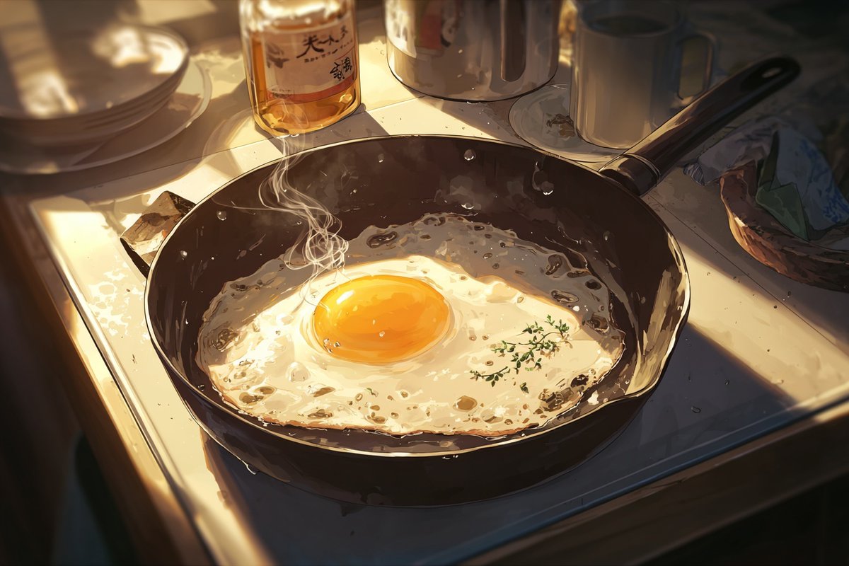 Sunlit Anime Kitchen Scene with Steaming Freshly Cooked Dish