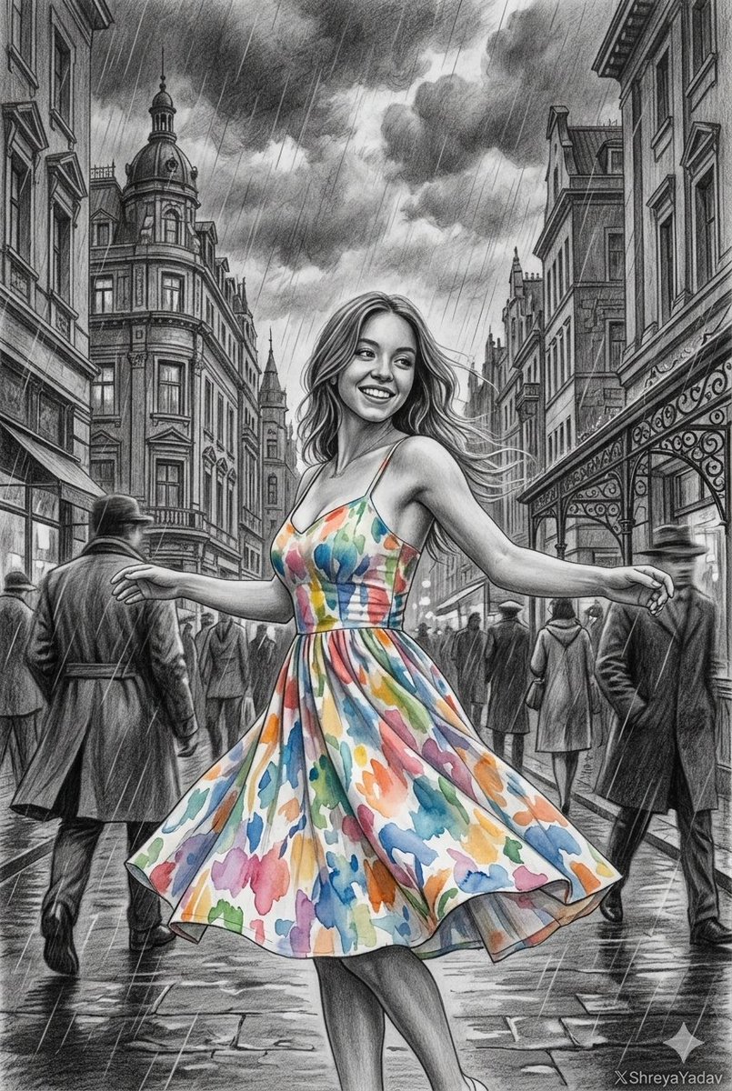 Vivid Dance of Color in a Monochrome Cityscape