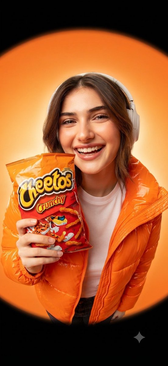 Smiling model in orange puffer holds Cheetos bag with fisheye lens