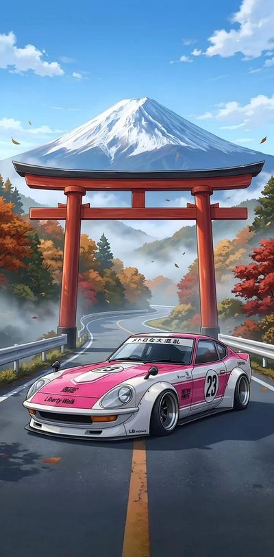 A widebody car parks near a red torii gate with autumn leaves drifting