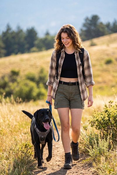 A woman and her black Labrador enjoy a sunny hillside walk together