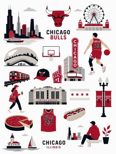 Chicago Bulls soar through iconic city landmarks in stylish flat vector collage