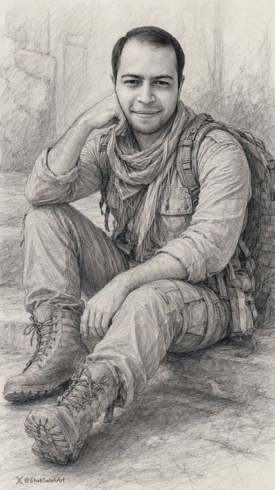 A woman in military cargo sits thoughtfully sketching in graphite