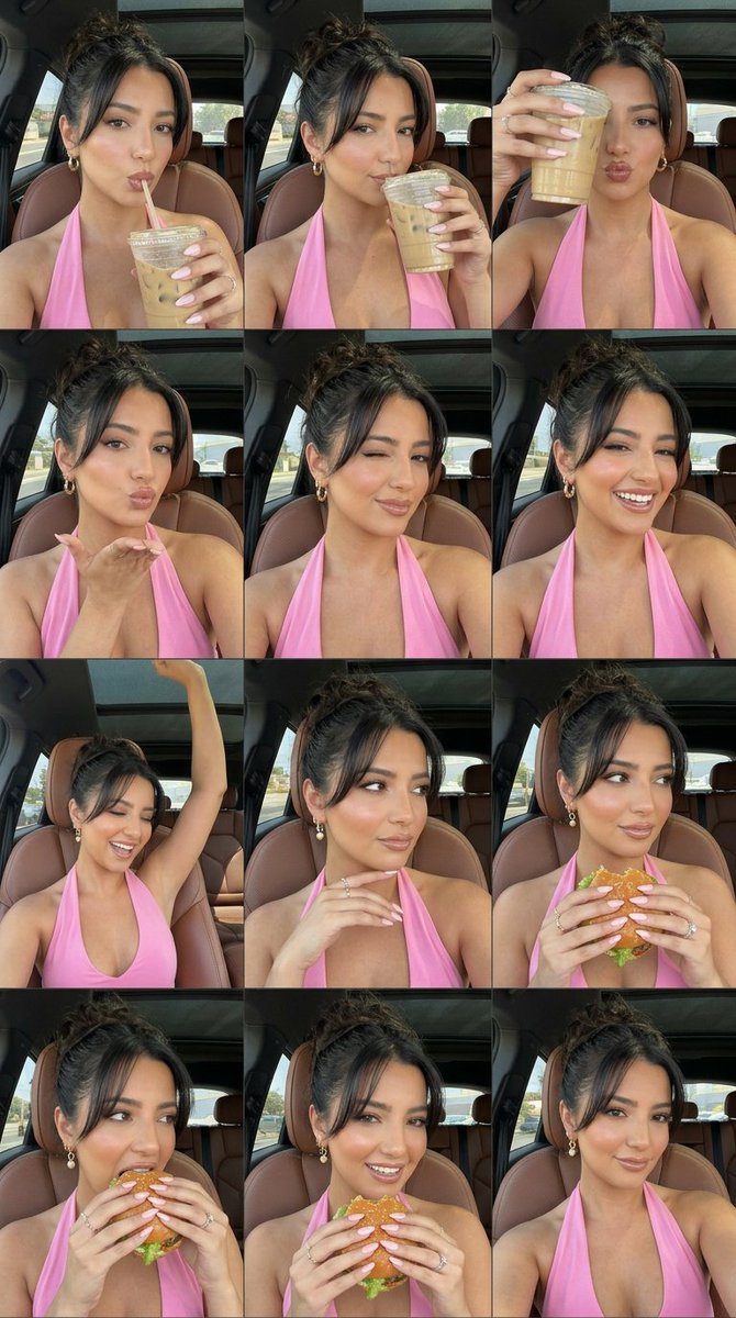 Woman creates playful 15-panel selfie collage in luxury Porsche