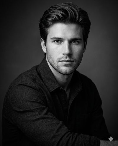 A pensive subject meets the camera in dramatic monochrome studio light.